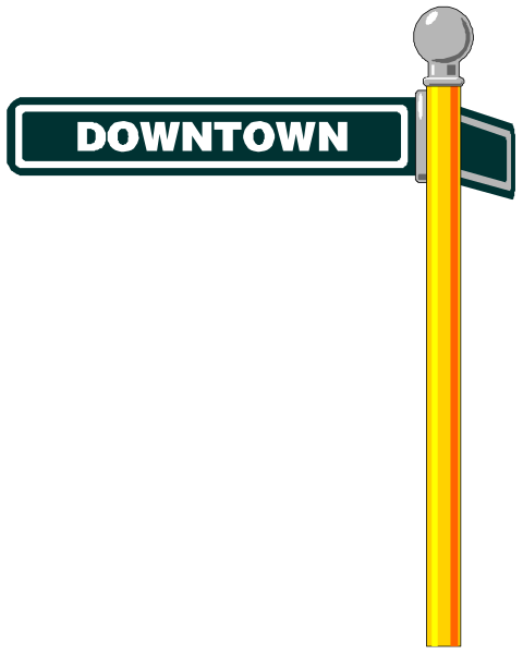 The image shows a street sign with an arrow pointing to "DOWNTOWN" on it against a black background.