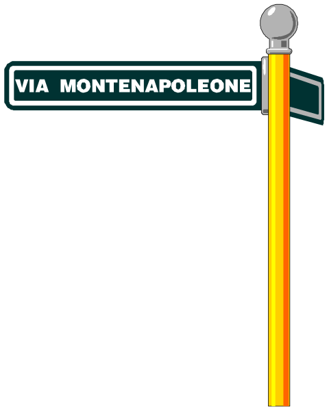 The image shows a street sign with text that reads "via montenapole" on it, indicating direction to Montenegro in Italian.