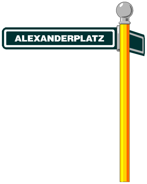 The image shows a sign with text that reads "Alexanderplatz" on it against a black background.