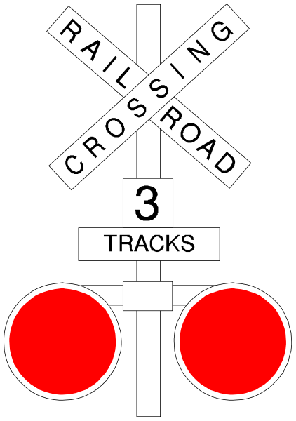 The image shows a black sign with white text that reads "RAILROAD CROSSING 3 TRACKS" at top; below this is an illustration of three traffic lights in red, yellow and green on horizontal poles against a dark background. Below these are two vertical lines representing train tracks with the word "TRAIN TRACKS" above them. The style appears to be informational or instructional signage typically used at railroad crossings for safety purposes.