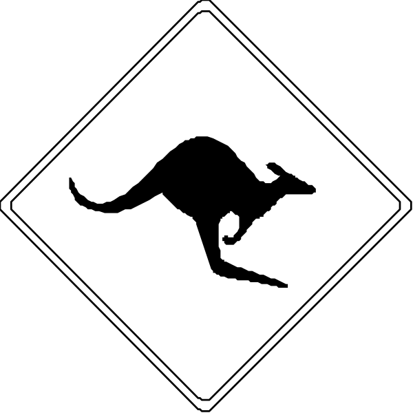 The image displays a trio of road signs: on top left there's an icon depicting two kangaroos; in the center is another sign with one running kangaroo symbolizing speed limit, and at bottom right it shows a diamond-shaped hazard warning sign indicating caution for wildlife.