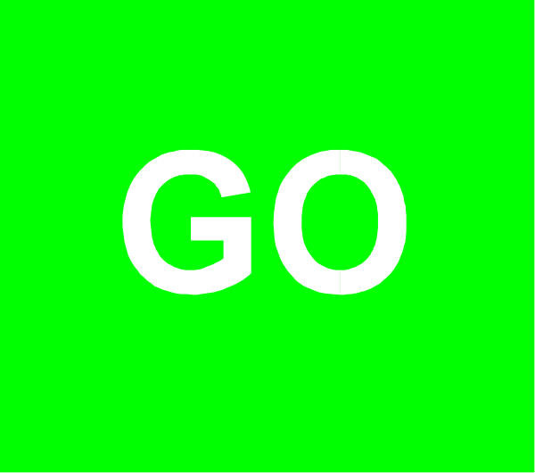 The image shows a green banner with white text that reads "GO" on it against an indistinct background.