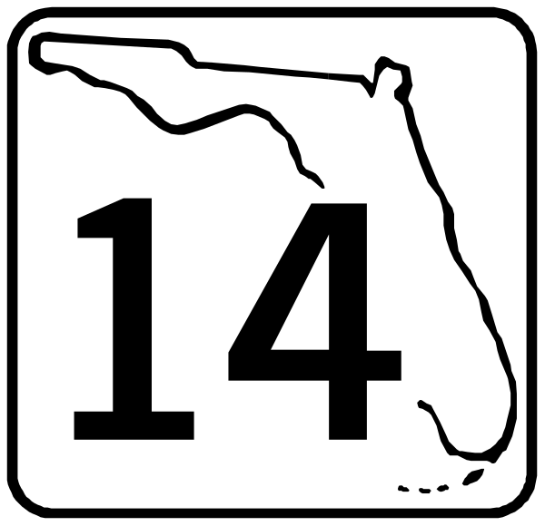 The image shows a black and white sign with an icon of Florida's shape on it next to the number 14 in bold font. There is also text that reads "FLORIDA" at the top, indicating this may be related to travel or location within the state of Florida. Additionally, there are two small lines above the main image and a larger line below it with an arrow pointing downward towards them; these could represent roads or directions on a map.