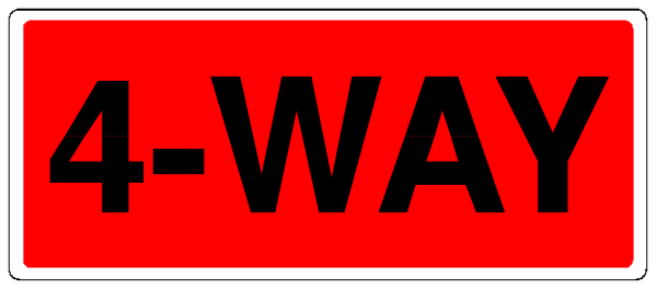 The image shows a red sign with white text that reads "4-WAY" at top left corner of an intersection where four roads meet.