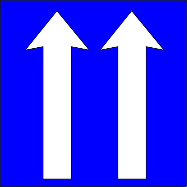 The image shows a blue sign with white arrows pointing upwards on either side of an arrow that points to the right.