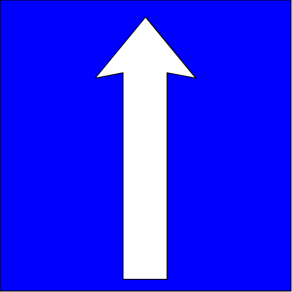 The image shows a blue arrow pointing upwards with an accompanying white line to its right indicating directionality on what appears to be a signpost in a dark background.