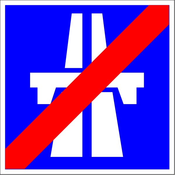 The image shows three signs: a red circle with an exclamation mark inside it on top of another sign that is blue and white; below this combination there's a road symbol indicating no entry to motor vehicles, which includes trucks as well.