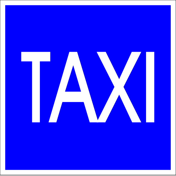 The text "TAXI" on a blue background with white borders around it is displayed prominently at the center of two smaller images that appear to be clip-art representations of taxi signs in different orientations and sizes, one larger than the other.