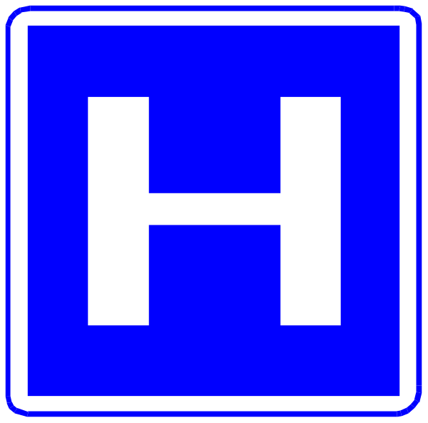 The image shows a blue sign with white text that reads "H" on top of an arrow pointing rightward inside it.