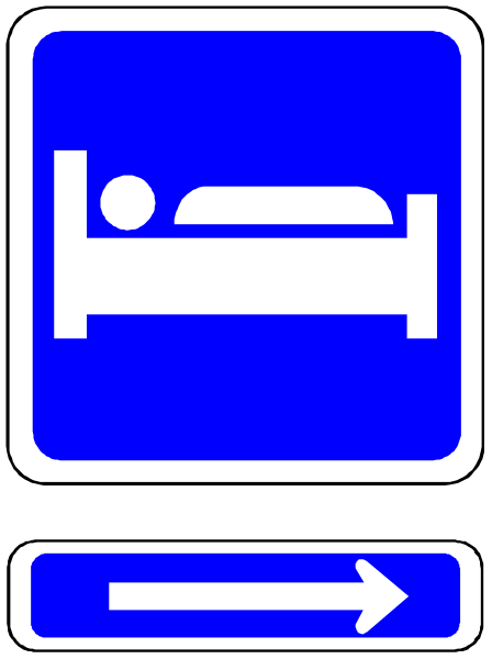 The image shows a blue sign with an illustration of two beds on it next to white text that reads "Hospitality."