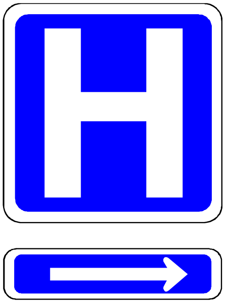 The image shows a blue hospital sign with white lettering indicating "H" for Hospitals on it, placed next to an arrow pointing right towards another similar-looking sign that says "Rapid Care."