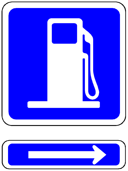 The image shows a blue sign with an icon of a gas pump on it next to two arrows pointing left and right indicating directions for where one can find fuel stations in that area.