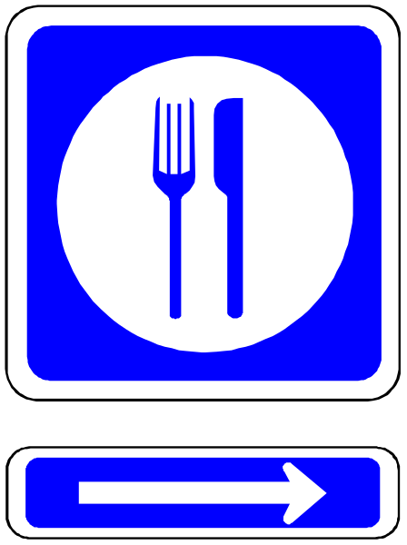 The image shows a blue sign with white text indicating that there's food available on the left side of an arrow pointing to the right.
