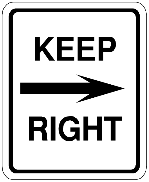 The picture shows a black and white sign with an arrow pointing to the right that says "keep straight" on top of it.