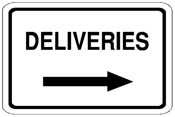 The image shows a sign with two arrows pointing to different directions: "DELIVERIES" on top left arrow points right while an upward-pointing arrow labeled "UPLOADS" is below it, indicating that deliveries go up and uploads point downward.