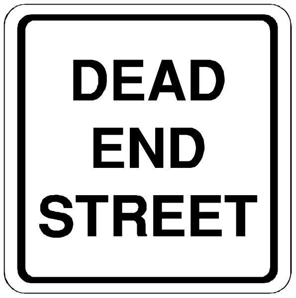 The image shows a black and white sign with text that reads "DEAD END STREET" on two separate signs placed next to each other against an unseen background.