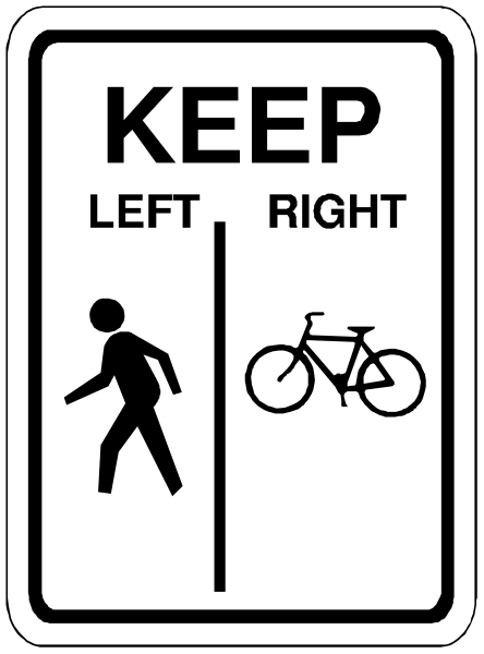 The sign says "keep left right" with an arrow pointing to a person walking on sidewalk next to bicycle lane symbolized by bike icon.