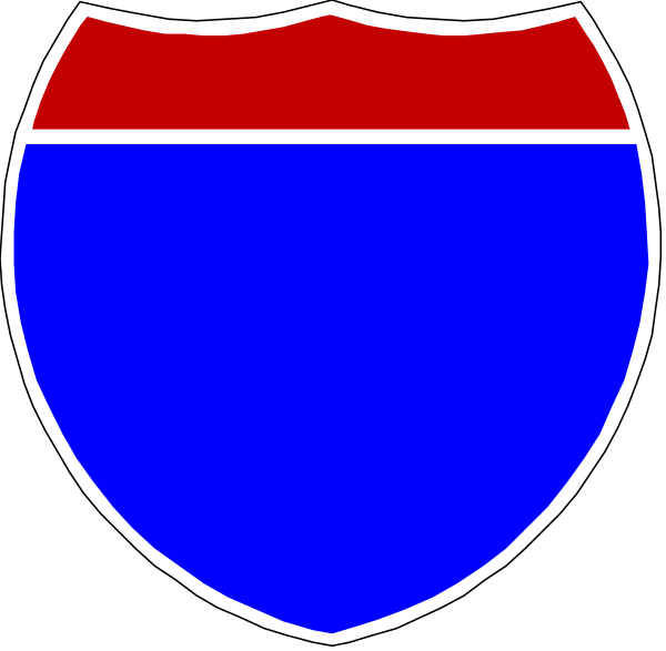 The image shows two stylized highway signs: a blue circle with white text representing an interstate sign on top of another red rectangle that resembles a traffic directional sign below it.