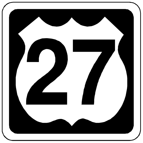 The image shows a black highway sign with white text indicating "27" on top of it, suggesting an interstate route number