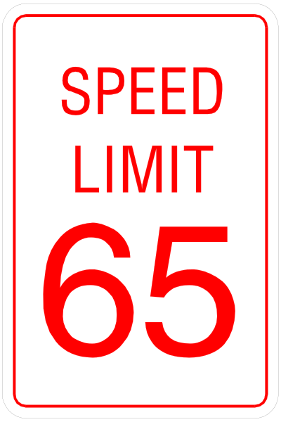 The image shows a red speed limit sign with white text indicating "SPEED LIMIT 65" on it. There is also an additional note that says "Speed Limit". This suggests there might be more than one lane, but only this particular lane has its own specific speed restriction of 65 mph. It's important to follow the posted limits for safety reasons and avoid potential accidents or traffic violations due to excessive speeds in areas where they are enforced by law enforcement agencies like police departments or highway patrol units. The sign is typically placed on roadsides, near intersections,