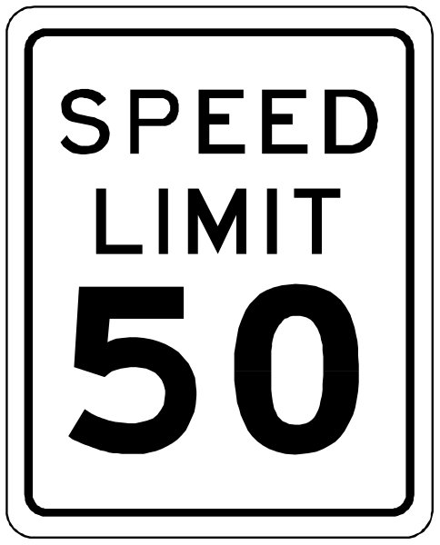 The image shows a black and white speed limit sign with text that reads "SPEED LIMIT 50". It is an illustration of a real-world object rather than clipart in its original context. There's no additional information about objects, people or animals present within this small graphic representation of the traffic regulation device. The setting appears to be on a roadway where speed limits are enforced for safety reasons.