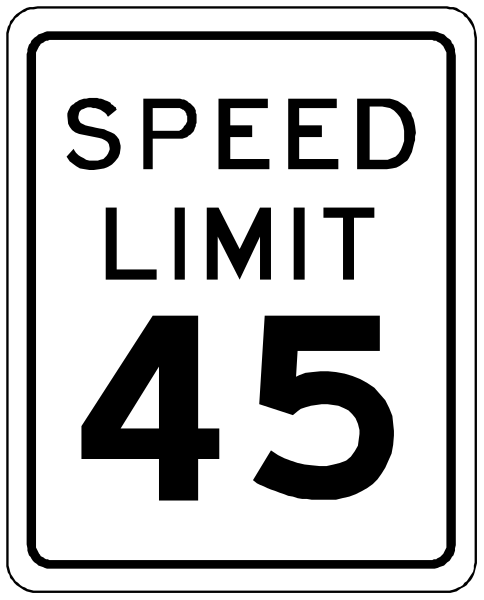 The image shows a black speed limit sign with white text that reads "SPEED LIMIT 45". It is an illustration of a real-world object rather than clipart in its original context. There's no additional information provided about any objects, people or actions within this specific frame as it only contains the traffic sign and does not depict anything else. The setting appears to be on a roadway where speed limits are enforced for safety reasons.