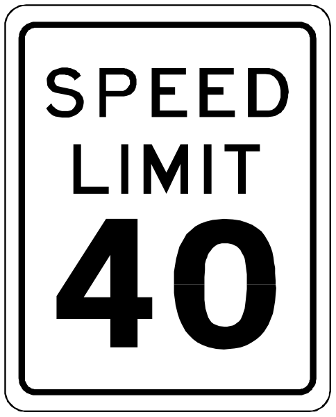 The image shows a black and white speed limit sign with text that reads "SPEED LIMIT 40". It is an illustration of a real-world object rather than clipart in its original context. There's no additional information provided about any objects, people or animals present within the frame as it only depicts one item - the traffic sign itself. The setting appears to be on a roadway where speed limits are enforced for safety reasons.