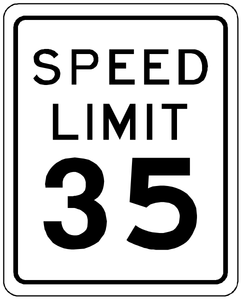 The image shows a black speed limit sign with white text that reads "SPEED LIMIT 35". It is placed on top of another rectangular traffic sign which has an arrow pointing to its right side indicating it's directing towards something else, but what exactly lies ahead isn't visible in the clip-art. The background appears plain and does not provide any additional context or setting for this image.