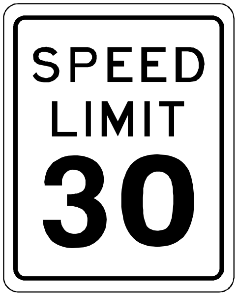 The image shows a black and white speed limit sign with text that reads "SPEED LIMIT 30". It is an illustration of a traffic control device used to indicate maximum allowed speeds on roads in certain jurisdictions, typically measured by miles per hour (mph) or kilometers per hour. This particular sign indicates the allowable top speed as thirty mph/kmh for that specific location where it's placed.