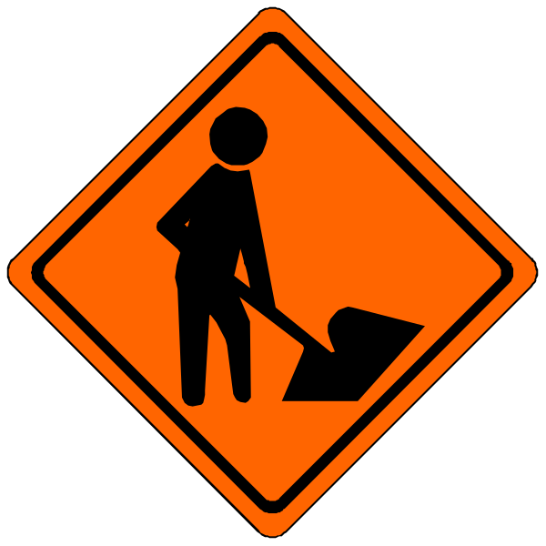 The image shows a construction worker shoveling dirt with an orange sign above him that has two symbols: on top is a person holding a trowel over some cement blocks; below it is another symbol of someone digging, and to its right there's text reading "Under Construction."