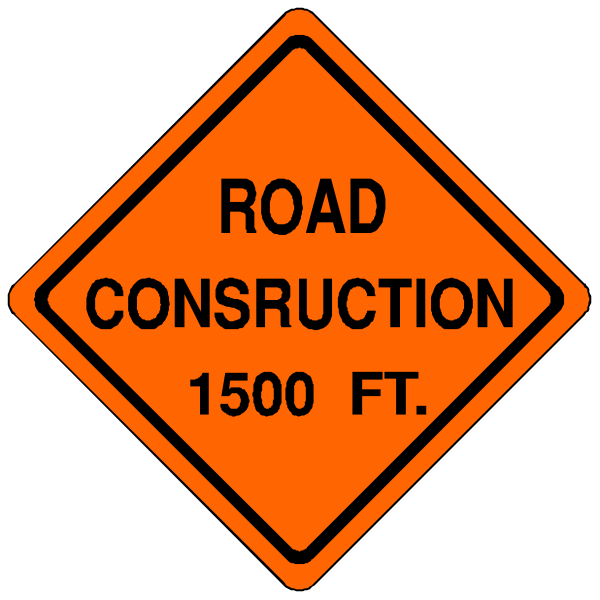 The image shows two orange road construction signs with white text indicating a 1500 ft long zone of work ahead on an unspecified highway. There is no additional context provided about objects, people, animals, actions, and setting in this clip-art style representation.