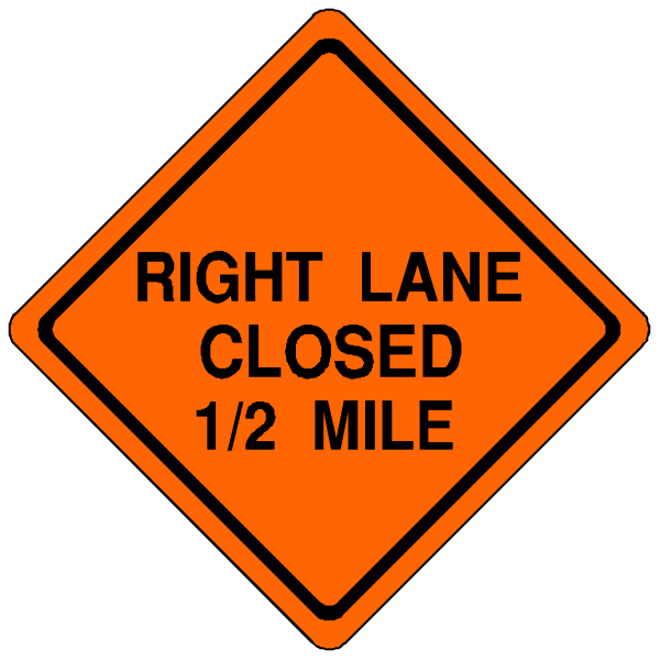 The image shows two orange diamond shaped signs with white text on a black background indicating that right lane is closed 1 mile ahead. There's also an additional sign stating "right turn only" below it. These signs suggest road work and traffic restrictions in place for drivers approaching this area of the highway or street.