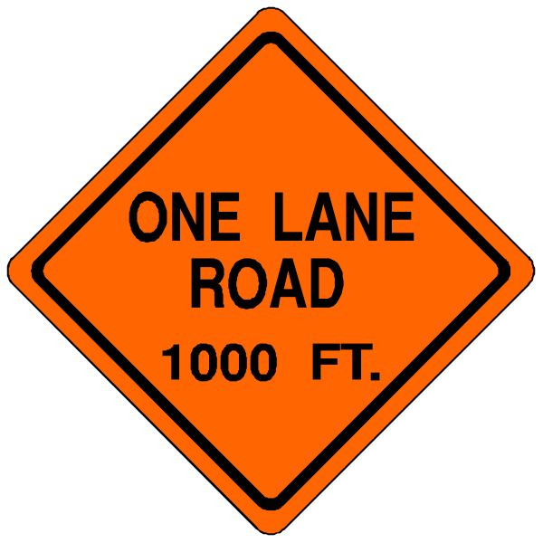 The image shows two orange road signs with white text indicating a "ONE LANE ROAD" ahead at 100 feet (304 meters). There is also an additional sign stating that it's a one-way street, and there will be no passing allowed on this stretch. These are clip art images of traffic warning signs commonly used in road construction or cautionary areas to inform drivers about the upcoming conditions ahead.