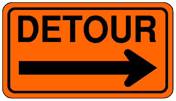 The image shows a sign with an arrow pointing to its right that says "DETOUR" on it against a gray background.