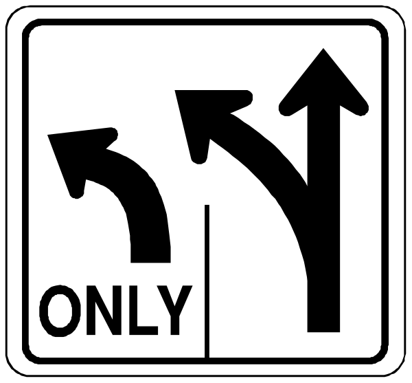 The image shows a black and white sign with three arrows pointing to different directions: left only (one arrow), straight ahead (two identical arrows) without any restrictions indicated by text on them, right turn lane (three curved arrows forming an inverted triangle).