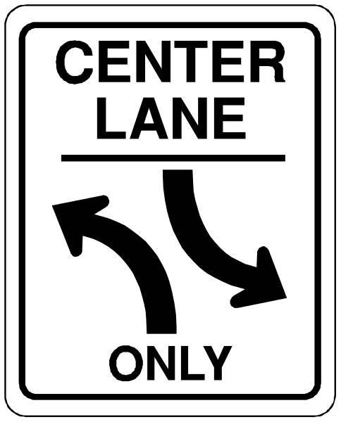 The sign indicates a center lane only with an arrow pointing left to show that it is allowed for vehicles coming from both directions on this one-way street.