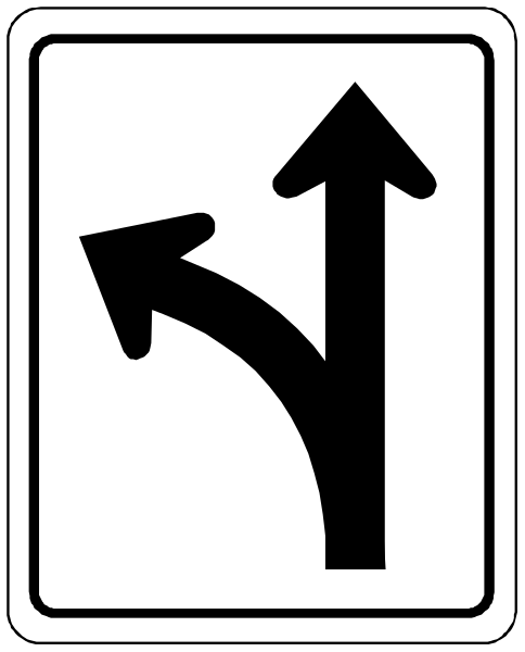 The image shows a black arrow pointing to its right with an exclamation mark above it on top of what appears to be a road sign indicating directional guidance for drivers.