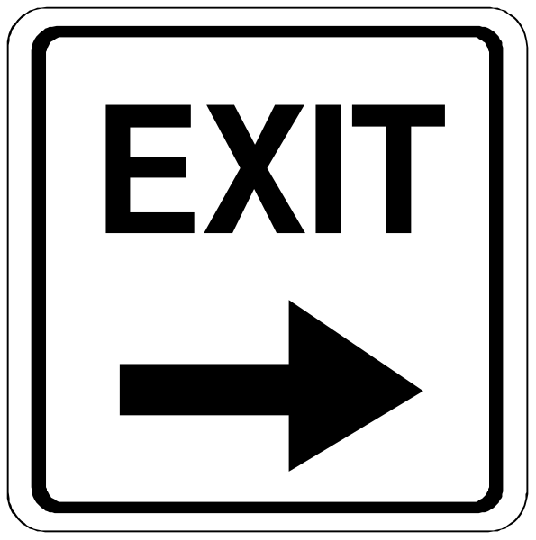 The image shows a black and white sign with an arrow pointing to its right side indicating "exit" along with another smaller text that reads "1 way".