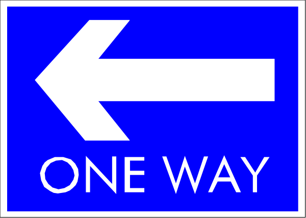 The image shows a blue sign with white text that reads "ONE WAY" pointing to the right along an arrow indicating directionality on a roadway.
