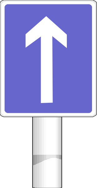 The image shows a blue sign with an arrow pointing upwards on it against a dark background.