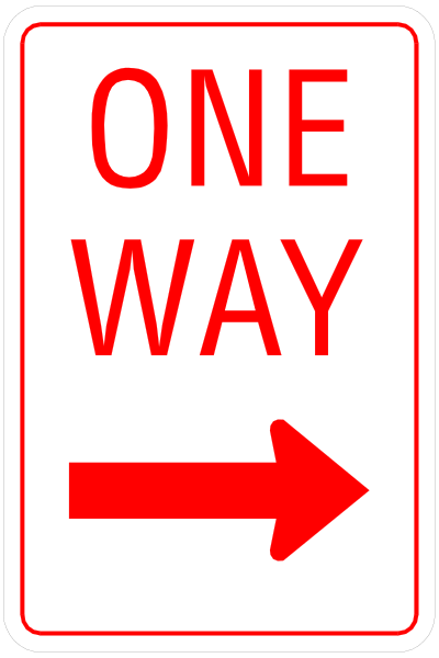 The image shows a red "One Way" sign with an arrow pointing to its right side indicating directionality on a roadway.