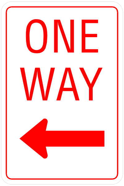 The image shows a red "One Way" sign with an arrow pointing to its right side indicating directionality on a roadway.