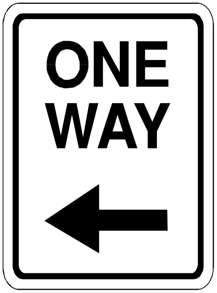 The image shows a black and white sign with text that reads "ONE WAY" at top and an arrow pointing to its right indicating directionality.