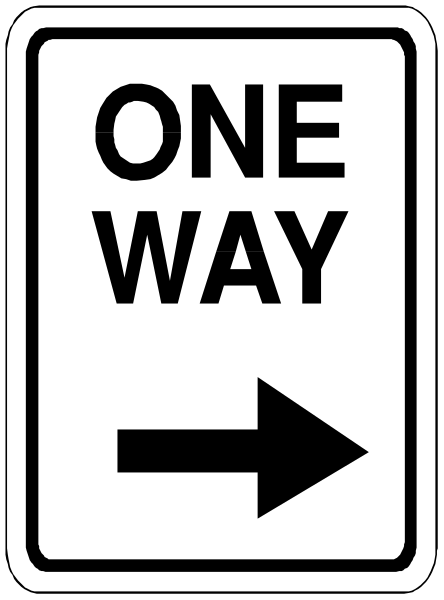 The image shows a black and white sign with an arrow pointing to its right indicating "ONE WAY" on it.