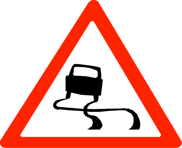 The image shows a trio of traffic signs: two red warning signs with white symbols indicating road hazards (a car skidding on ice), one in black-and-white depicting an accident involving vehicles, and another showing a truck driving off into space or dangerously close to the viewer.