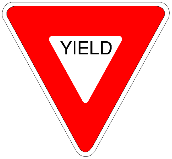 The image shows a red yield sign with white text that reads "YIELD" at its topmost point on each side of an equilateral triangle formed by two triangles pointing upwards from their bases, which is also where another word appears: "TRIPLE."
