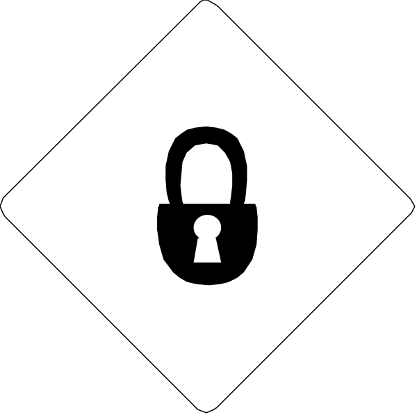 The image shows a black diamond with three white symbols: an open padlock on top left corner, two crossed-out diamonds in center right, forming an 'X', and another closed padlock at bottom right corner of the square.