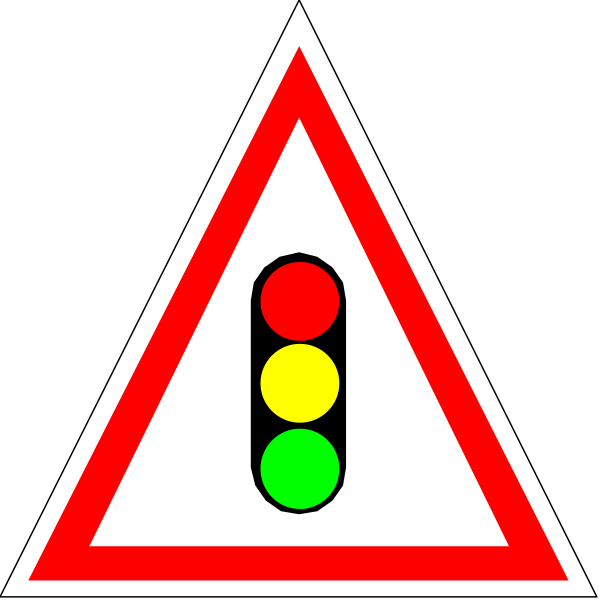 The image shows a red triangle with three green lights inside it against a black background.