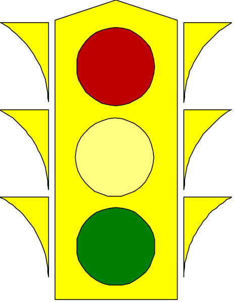 The image shows a traffic light with three colored lights: red on top left, yellow at bottom center, green to right of it in middle row, all set against black background.