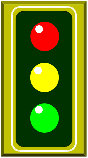The image shows a traffic light with three colored lights: red on top left, yellow at bottom right, green centered between them in an illustration that resembles clip-art design.